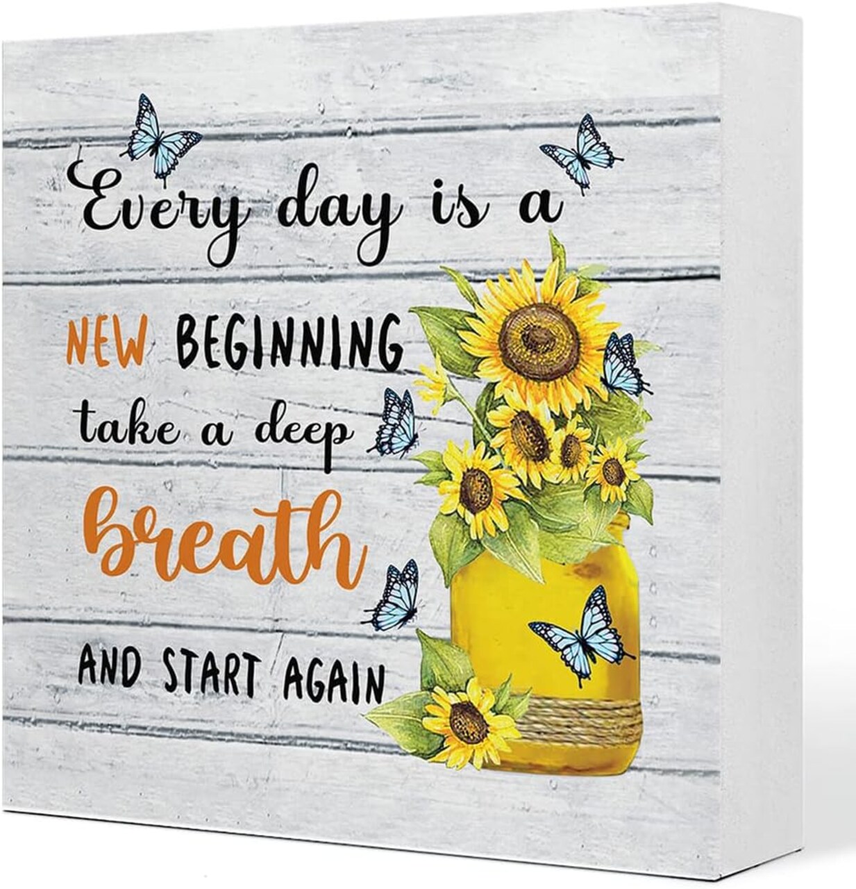 Everyday Is A New Beginning Farmhouse Sunflowers Wooden Sign Desk Decor,Inspirational Wood Block Sign Desk Decorations for Home Bedroom Dorm Office Desk Shelf Table Decor